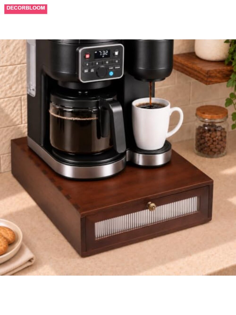 Solid Pine Coffee Maker Stand with Drawer Under Machine Storage